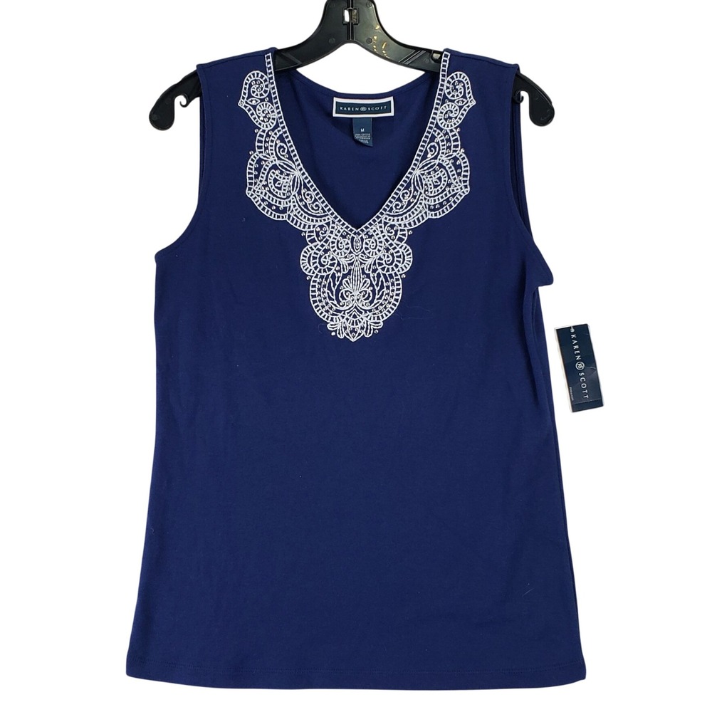 Karen Scott Sleeveless Top Womens M Navy Embroidered Rhinestone V Neck NWT